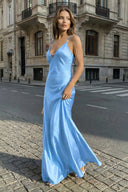 Yellow Sheath Spaghetti Straps Stain Long Prom Dresses With Pearls - KissProm