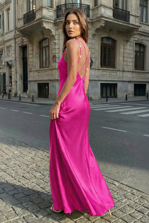 KissProm-Fuchsia  Sheath V Neck Stain Long Prom Dresses With Pearls