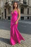 Yellow Sheath Spaghetti Straps Stain Long Prom Dresses With Pearls - KissProm