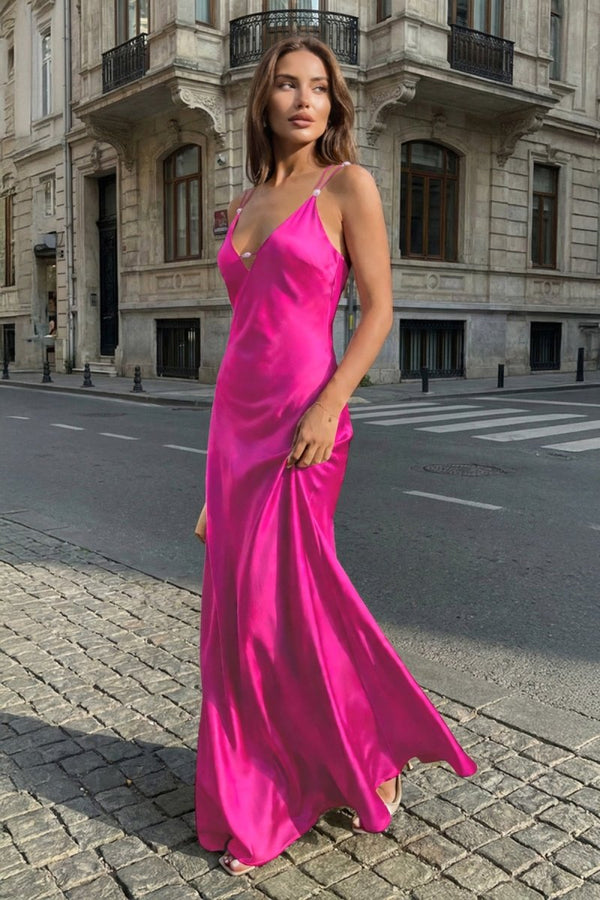Yellow Sheath Spaghetti Straps Stain Long Prom Dresses With Pearls - KissProm