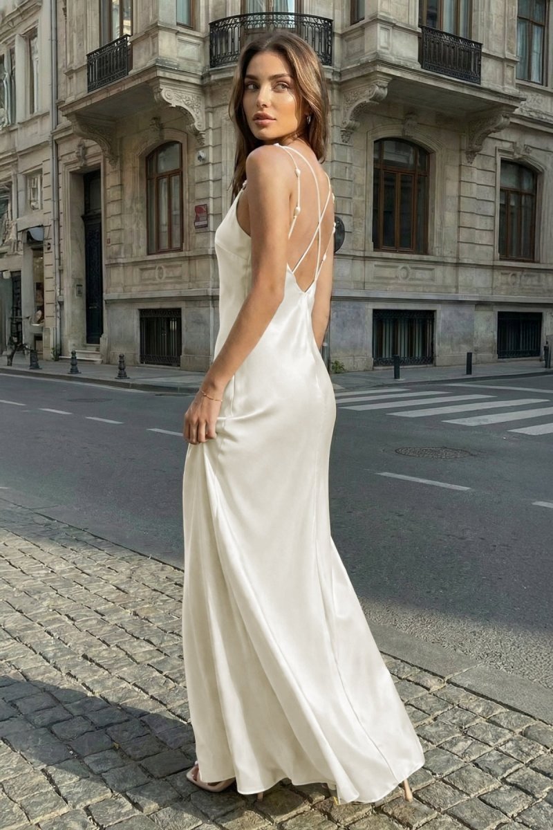 Yellow Sheath Spaghetti Straps Stain Long Prom Dresses With Pearls
