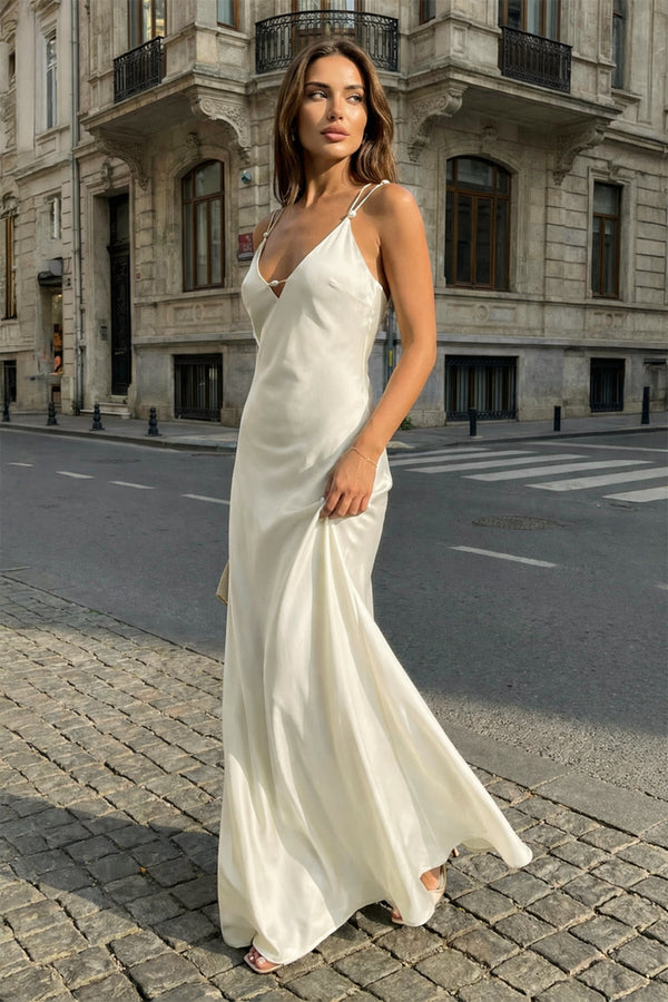 KissProm-Ivory   Sheath V Neck Stain Long Prom Dresses With Pearls