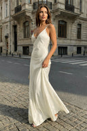 Yellow Sheath Spaghetti Straps Stain Long Prom Dresses With Pearls - KissProm