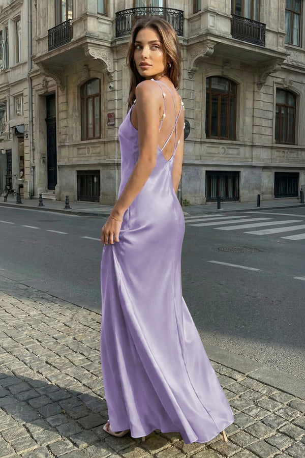 KissProm-Lavender  Sheath V Neck Stain Long Prom Dresses With Pearls