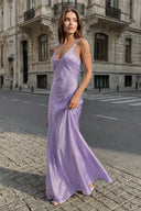 Yellow Sheath Spaghetti Straps Stain Long Prom Dresses With Pearls - KissProm