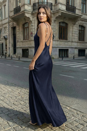 KissProm-Navy Blue  Sheath V Neck Stain Long Prom Dresses With Pearls