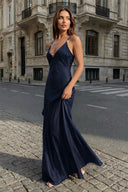 Yellow Sheath Spaghetti Straps Stain Long Prom Dresses With Pearls - KissProm