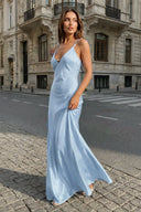 Yellow Sheath Spaghetti Straps Stain Long Prom Dresses With Pearls - KissProm