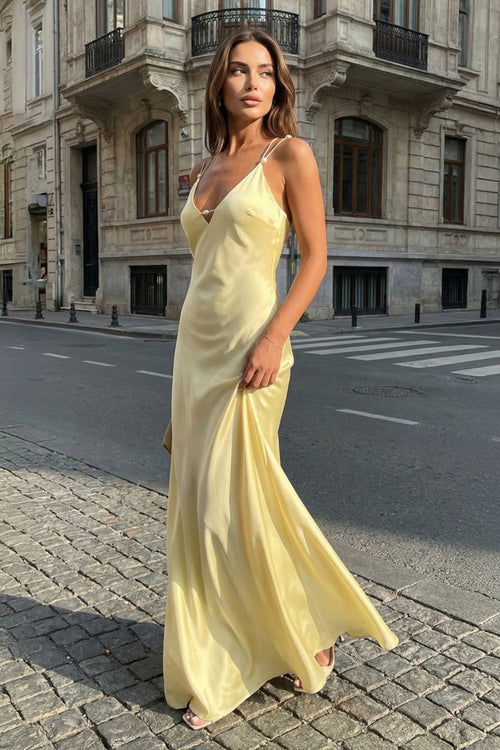 KissProm-Yellow Sheath V Neck Stain Long Prom Dresses With Pearls