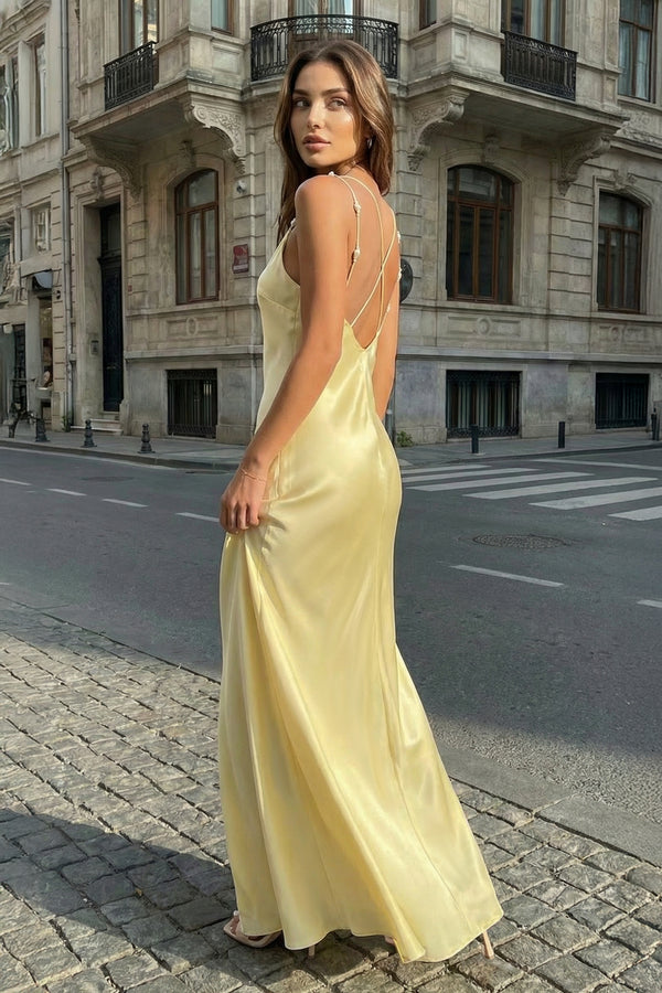 KissProm-Yellow Sheath V Neck Stain Long Prom Dresses With Pearls