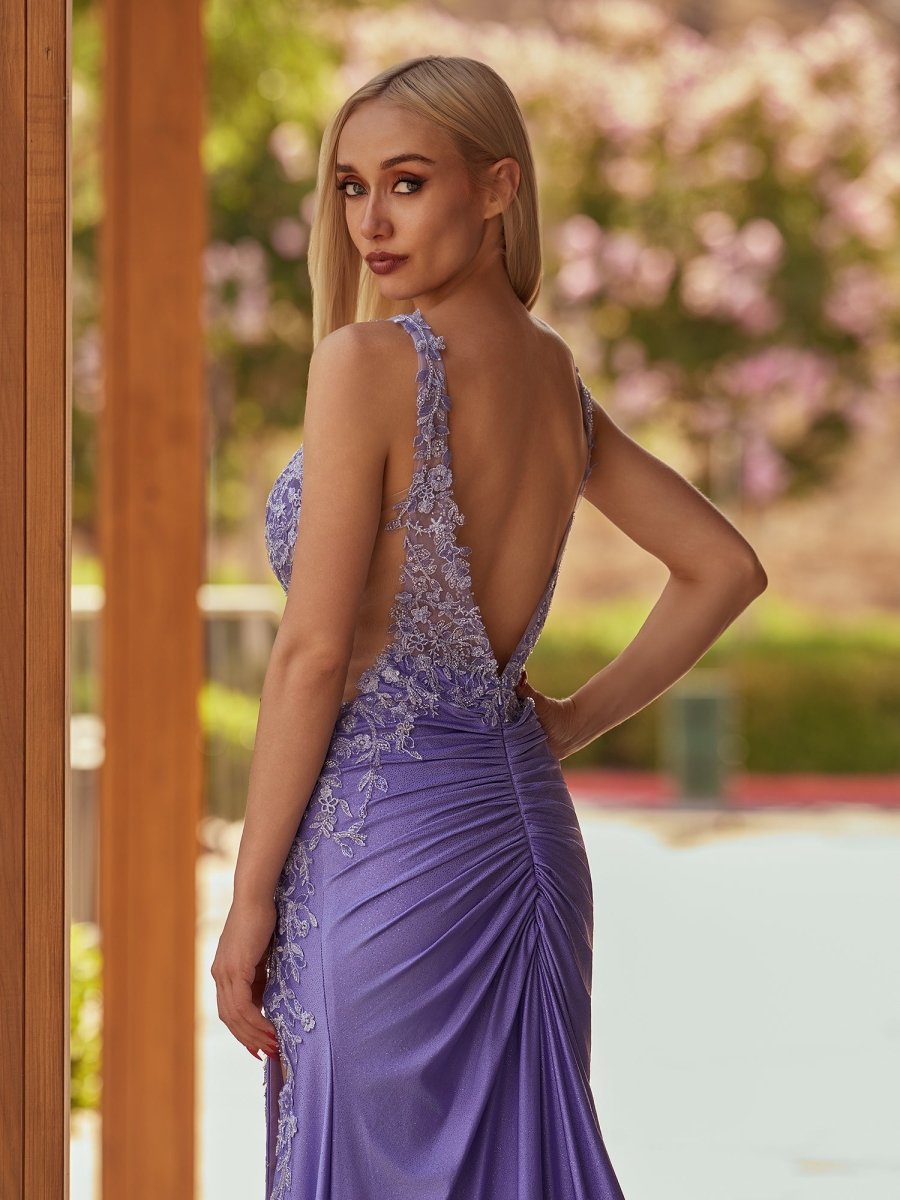 KissProm-Solstice Charming Mermaid V Neck Lavender Slit Prom Dresses with Appliques