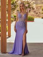 KissProm-Solstice Charming Mermaid V Neck Lavender Slit Prom Dresses with Appliques