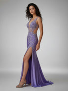 KissProm-Solstice Charming Mermaid V Neck Lavender Slit Prom Dresses with Appliques