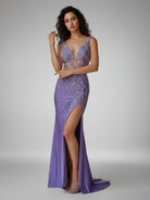 KissProm-Solstice Charming Mermaid V Neck Lavender Slit Prom Dresses with Appliques