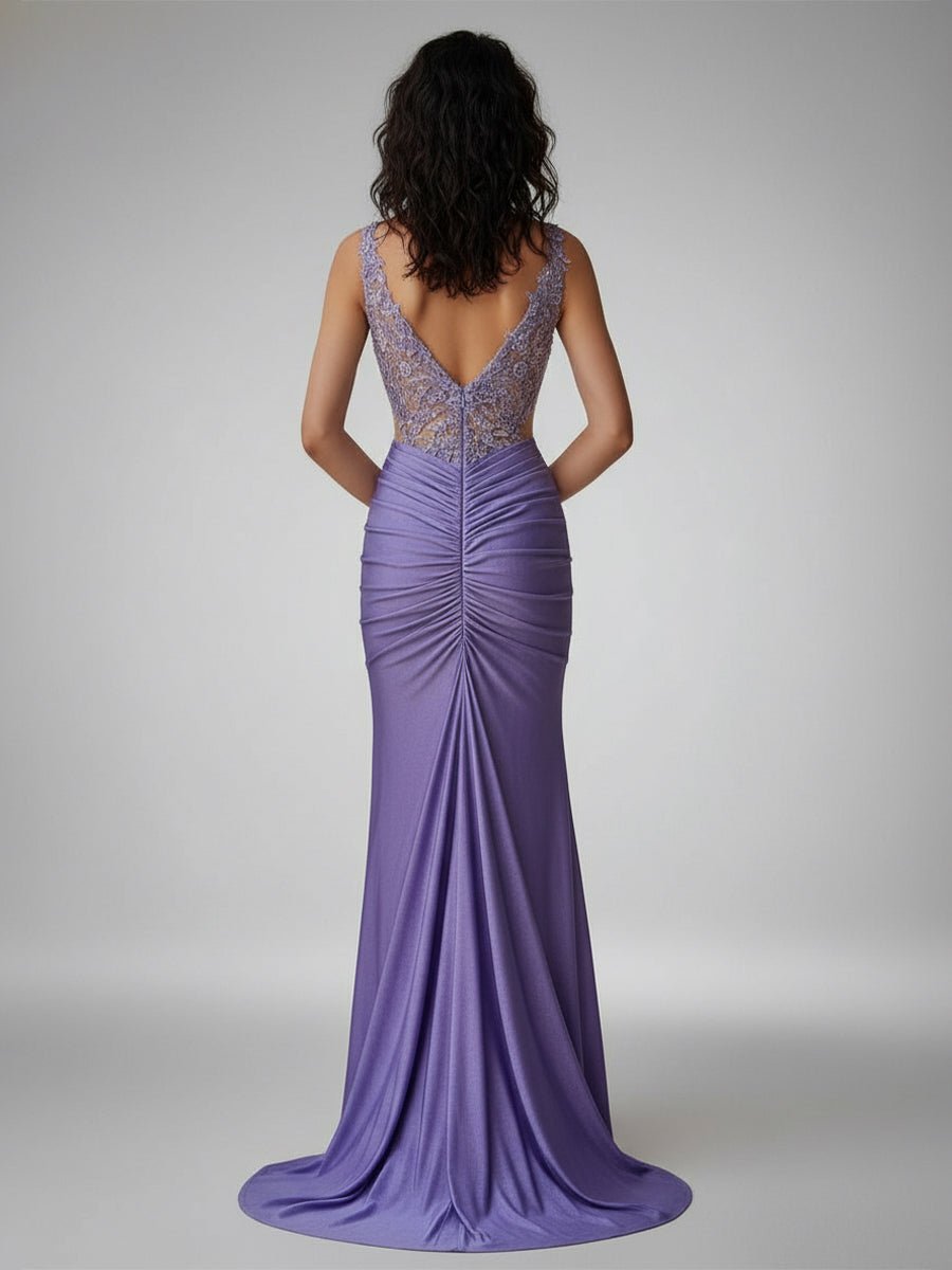 KissProm-Solstice Charming Mermaid V Neck Lavender Slit Prom Dresses with Appliques