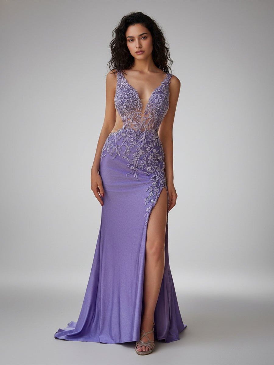 KissProm-Solstice Charming Mermaid V Neck Lavender Slit Prom Dresses with Appliques