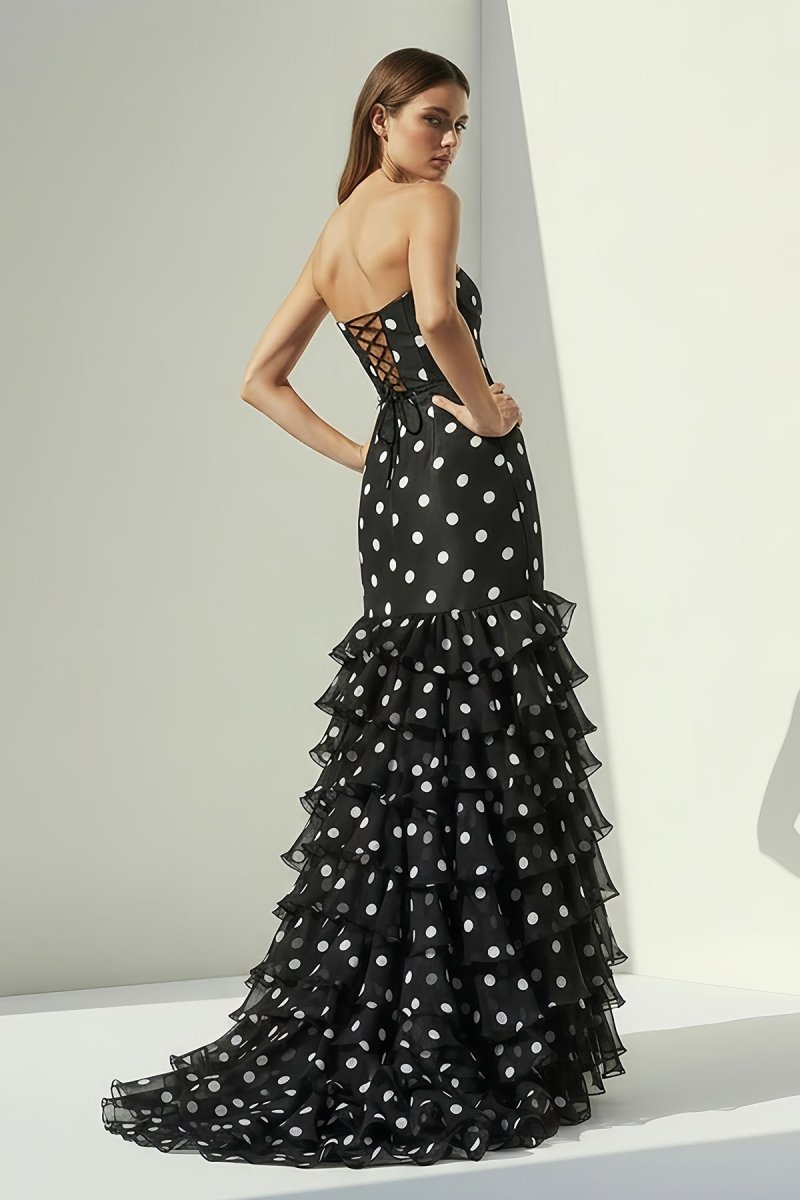 Black Strapless Sheath Polka Dots Chiffon Ruffled Prom Dresses With Bo