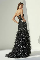 Solvane | Black - Strapless Sheath Polka Dots Chiffon Ruffled Prom Dresses With Bow - KissProm