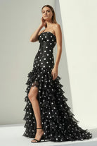 Solvane | Black - Strapless Sheath Polka Dots Chiffon Ruffled Prom Dresses With Bow - KissProm