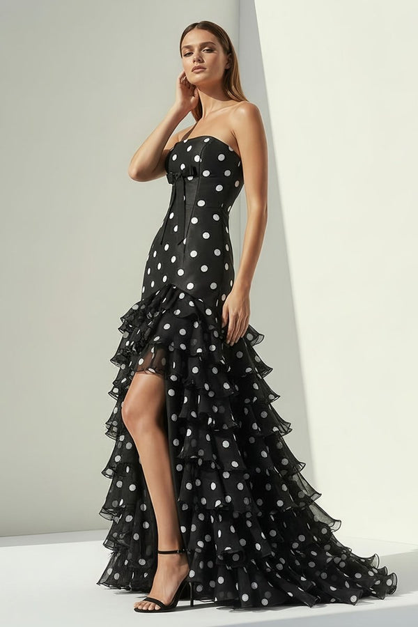 Solvane | Black - Strapless Sheath Polka Dots Chiffon Ruffled Prom Dresses With Bow - KissProm
