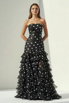 Solvane | Black - Strapless Sheath Polka Dots Chiffon Ruffled Prom Dresses With Bow - KissProm