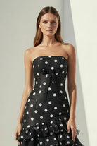 Solvane | Black - Strapless Sheath Polka Dots Chiffon Ruffled Prom Dresses With Bow - KissProm