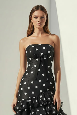 Solvane | Black - Strapless Sheath Polka Dots Chiffon Ruffled Prom Dresses With Bow - KissProm