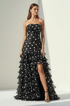 Solvane | Black - Strapless Sheath Polka Dots Chiffon Ruffled Prom Dresses With Bow - KissProm