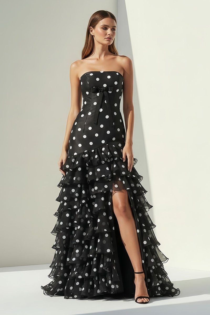 Solvane | Black - Strapless Sheath Polka Dots Chiffon Ruffled Prom Dresses With Bow - KissProm
