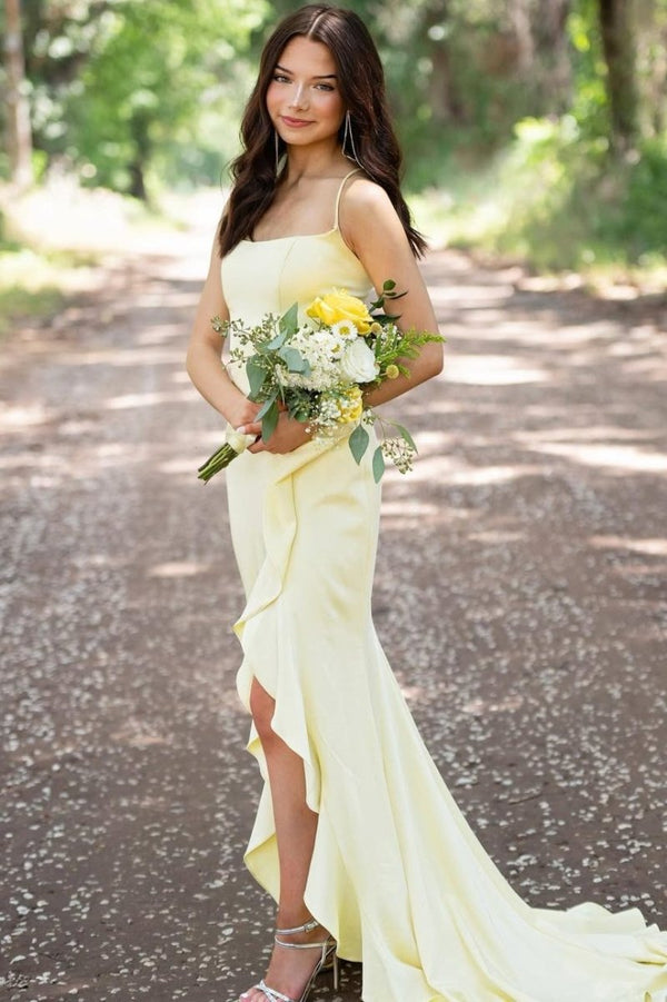 Sophianne | Yellow Spaghetti Straps Mermaid Satin Formal Prom Dress - KissProm