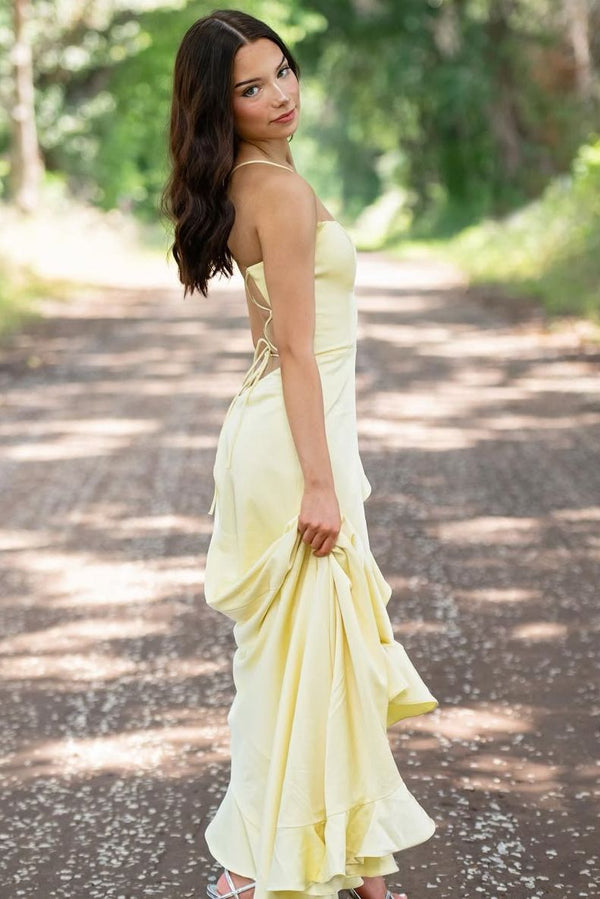 Sophianne | Yellow Spaghetti Straps Mermaid Satin Formal Prom Dress - KissProm