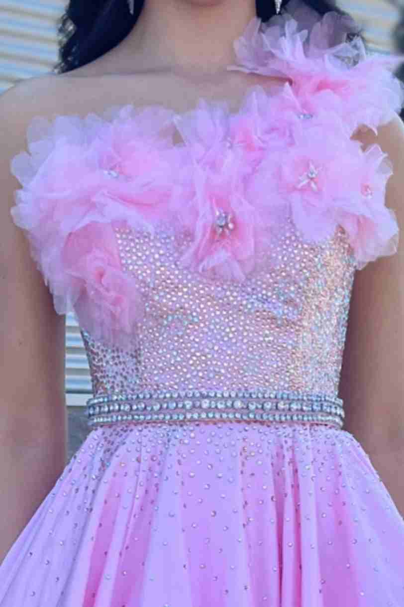 Sophronia Candy Pink Beaded One Shoulder Long Prom Dress With Flower