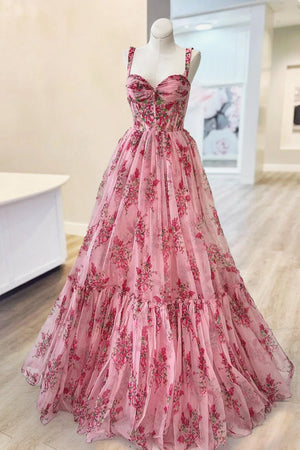 Sosi | Pink Sweetheart A Line Floral Printed Chiffon Long Prom Dress With Bow - KissProm