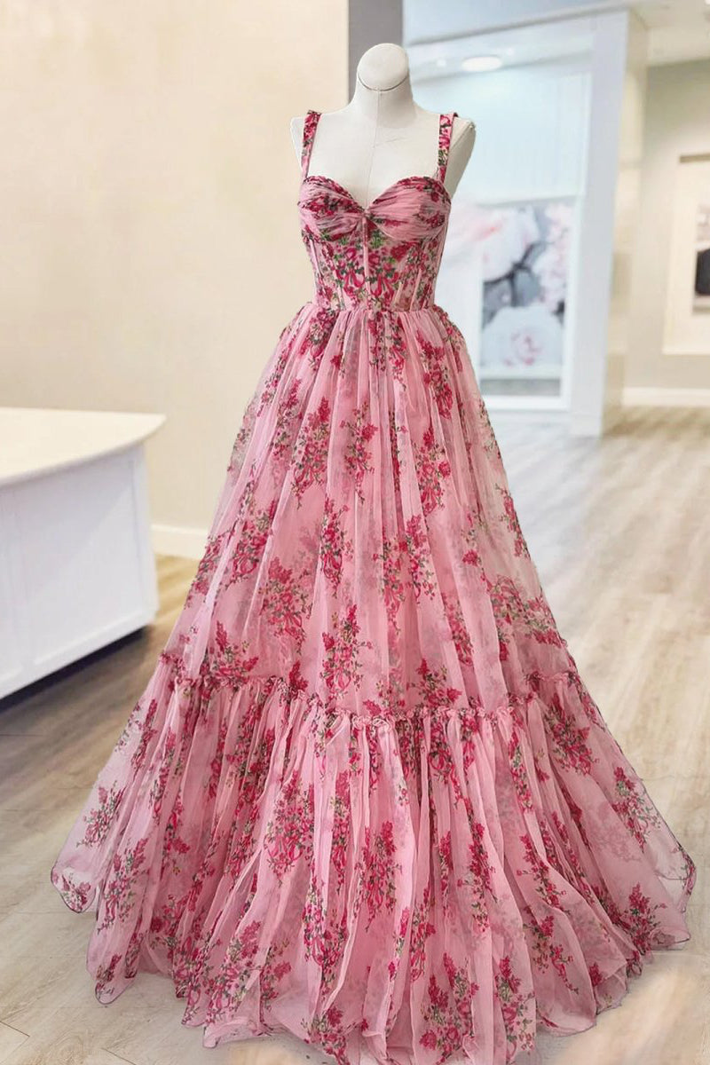 Pink Spaghetti Straps A Line Floral Printed Chiffon Long Prom Dress with Bow Pink / 8