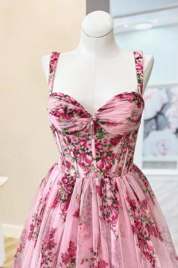 Pink Spaghetti Straps A Line Floral Printed Chiffon Long Prom Dress With Bow Pink Spaghetti Straps A Line Floral Printed Chiffon Long Prom Dress With Bow