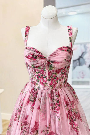 Sosi | Pink Sweetheart A Line Floral Printed Chiffon Long Prom Dress With Bow - KissProm