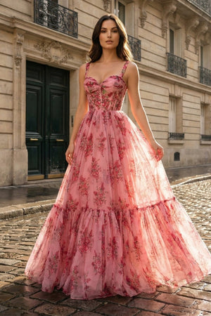Sosi | Pink Sweetheart A Line Floral Printed Chiffon Long Prom Dress With Bow - KissProm