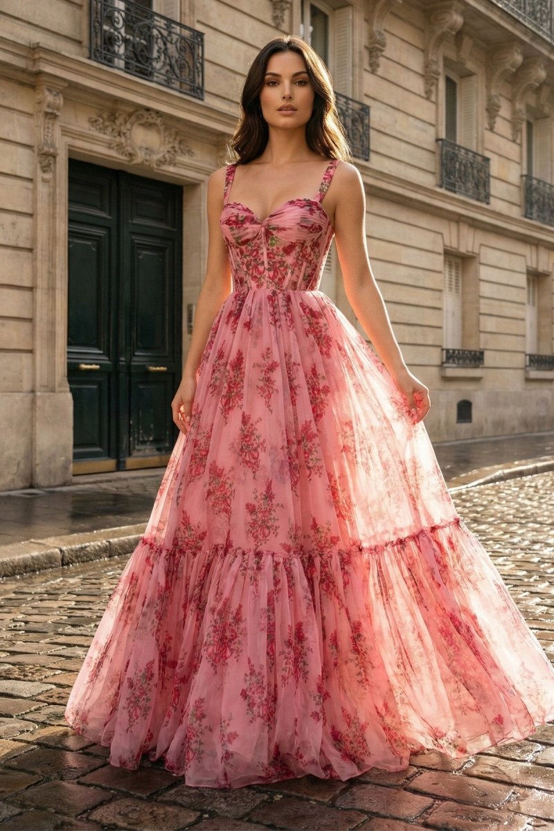 KissProm Pink Spaghetti Straps A Line Floral Printed Chiffon Long Prom Dress With Bow, Pink / 8