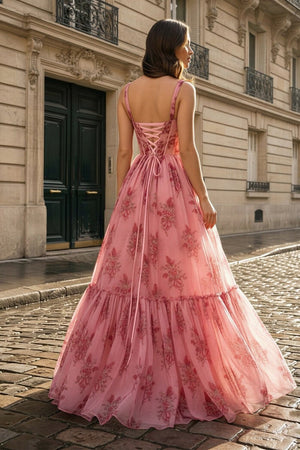 Sosi | Pink Sweetheart A Line Floral Printed Chiffon Long Prom Dress With Bow - KissProm