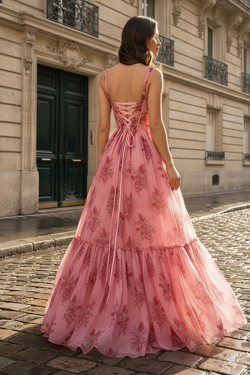 KissProm Pink Spaghetti Straps A Line Floral Printed Chiffon Long Prom Dress With Bow, Pink / 8