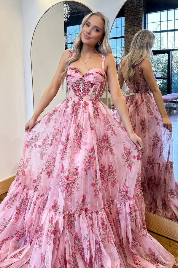 Sosi | Pink Sweetheart A Line Floral Printed Chiffon Long Prom Dress With Bow - KissProm