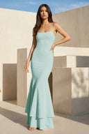 Spade | Aqua Spaghetti Straps Mermaid Satin Long Prom Dress - KissProm