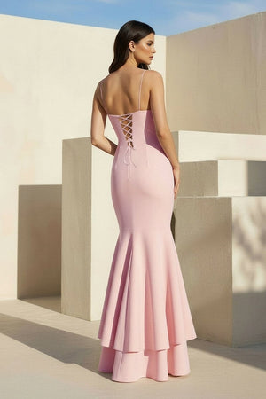 Spade | Pink Spaghetti Straps Mermaid Satin Long Prom Dress - KissProm