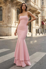 Pink Spaghetti Straps Mermaid Satin Long Prom Dress - KissProm