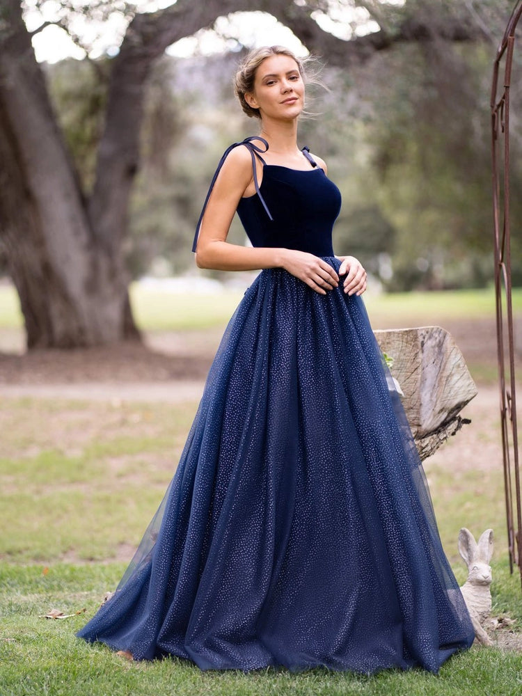 KissProm Spagatti Straps Velvet Tulle Floor Length Prom Dress, Navy Blue / 10