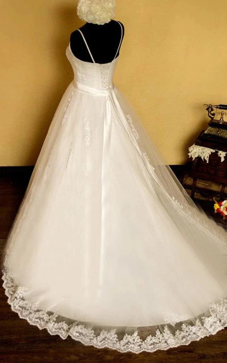 Spaghetti Crisscross Organza Wedding Dress with Sash and Lace-Up Back, Diamond White / 12