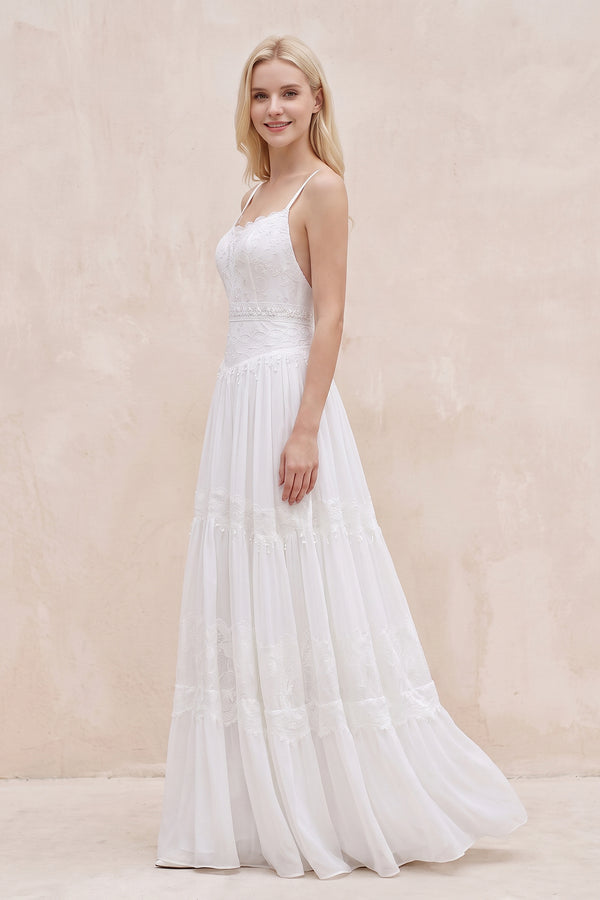 White Spaghetti Sleeveless Chiffon Beach Boho Wedding Dress - KISSPROM