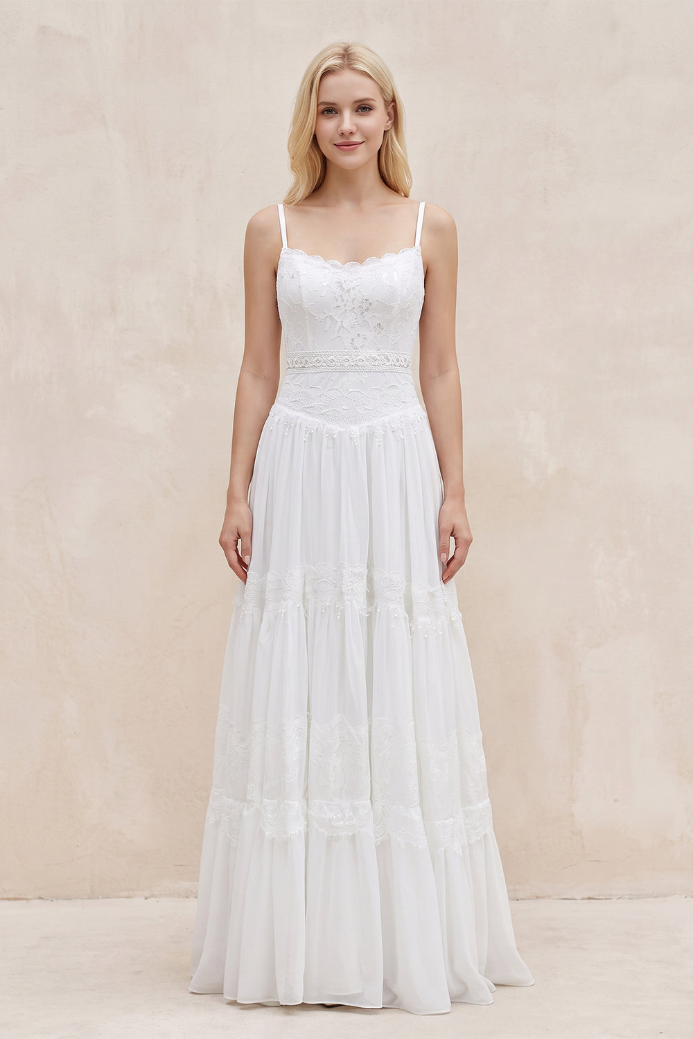 White Spaghetti Sleeveless Chiffon Beach Boho Wedding Dress - KISSPROM