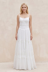 White Spaghetti Sleeveless Chiffon Beach Boho Wedding Dress - KISSPROM