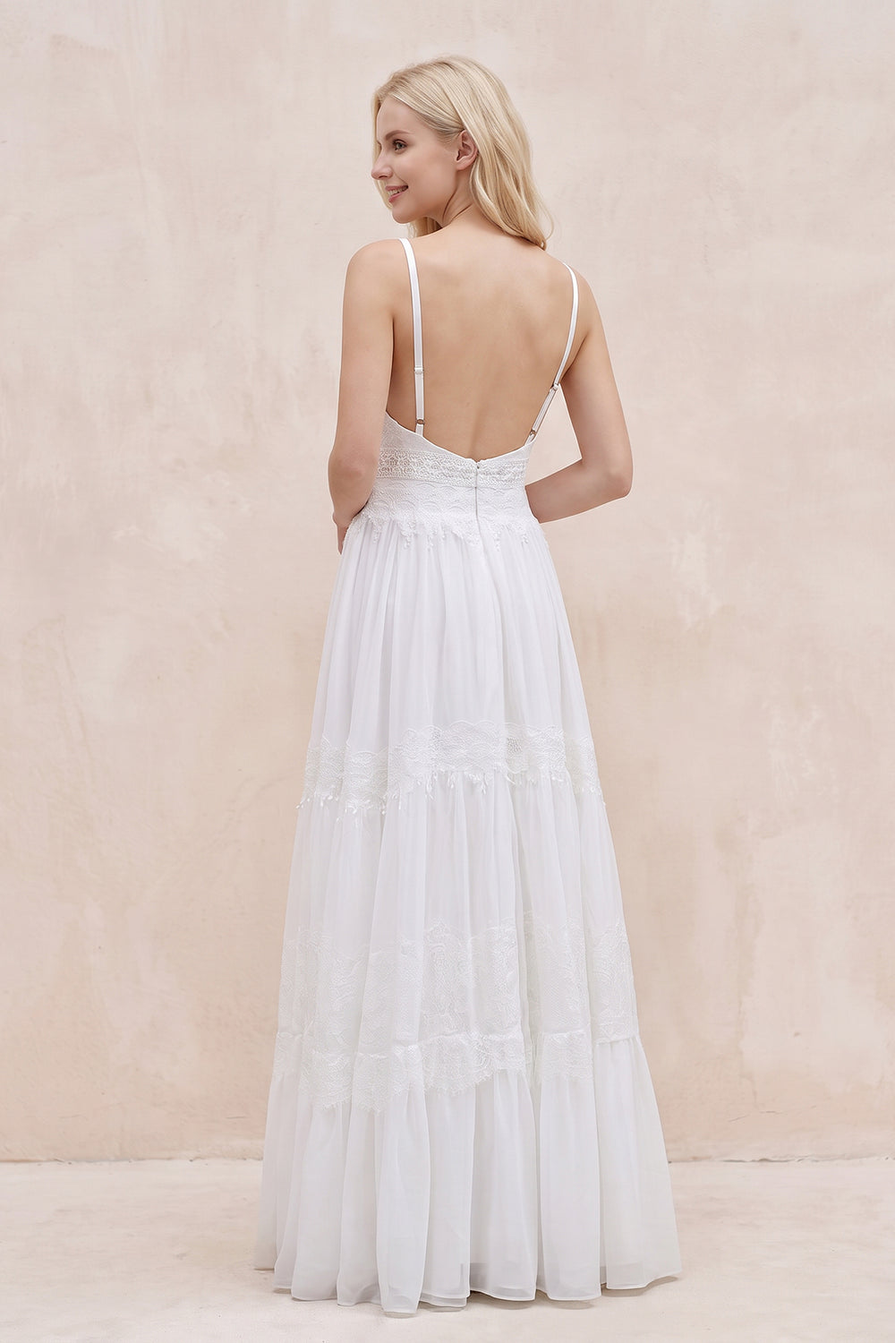 White Spaghetti Sleeveless Chiffon Beach Boho Wedding Dress - KISSPROM